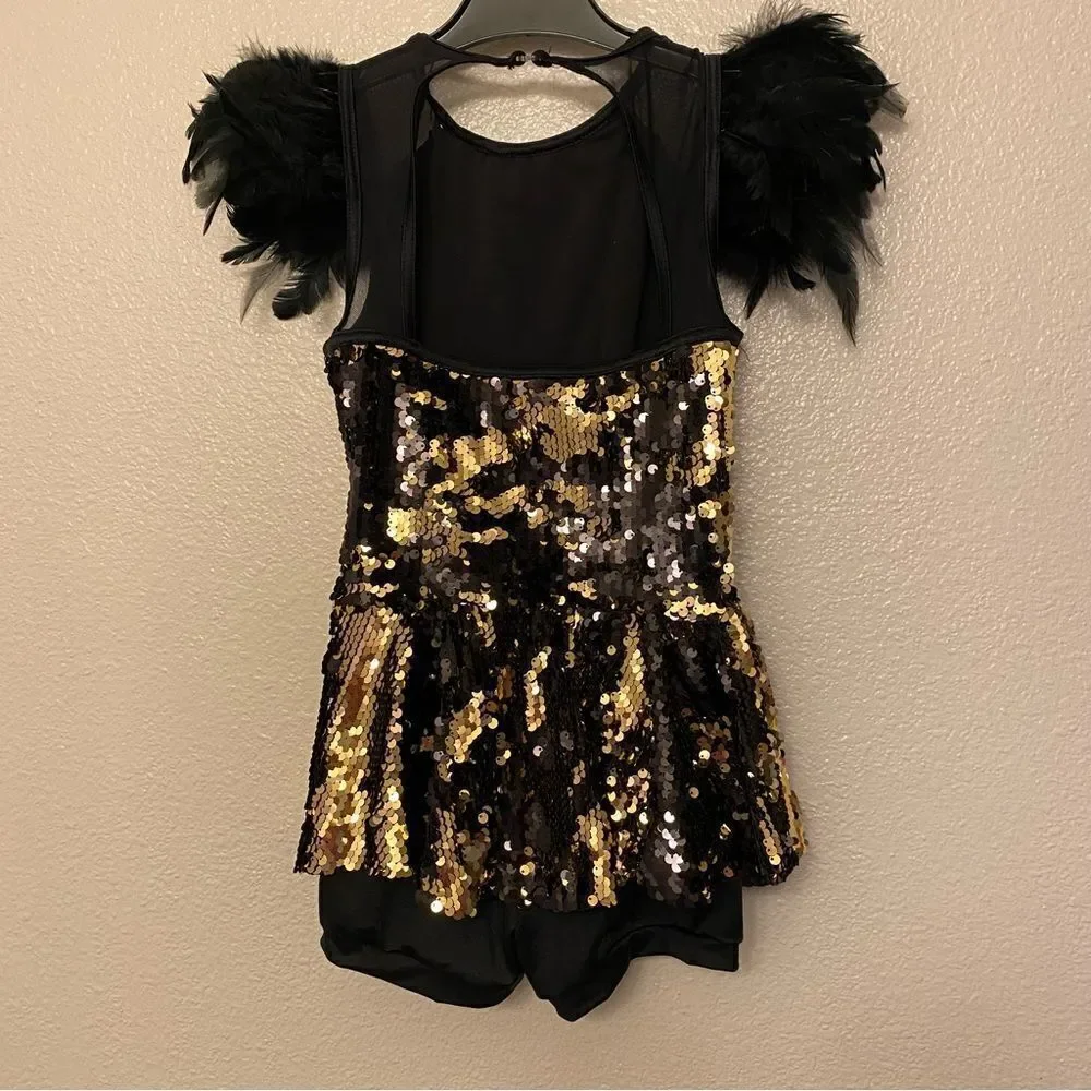 WEISSMAN Dance Costume sassy sequin Montero 14333 black gold feathers -MC 10/12
